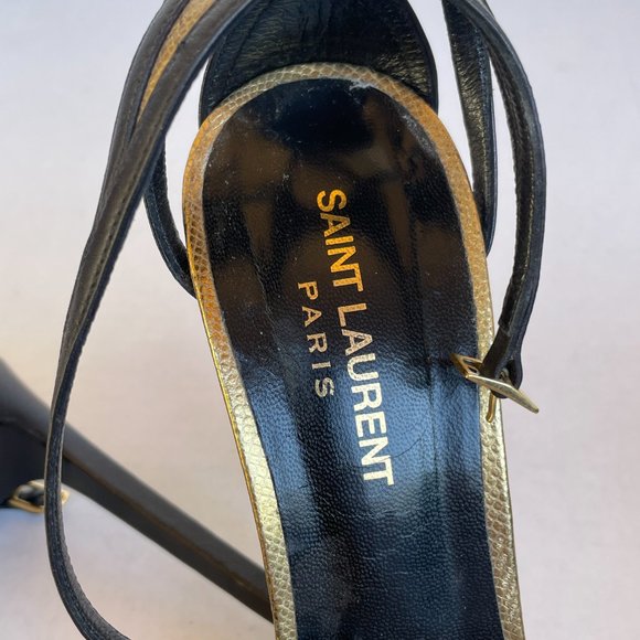 Saint Laurent Paris Platform Sandals 39.5 Gold/Black Leather Thin Ankle Strap - Picture 8 of 10